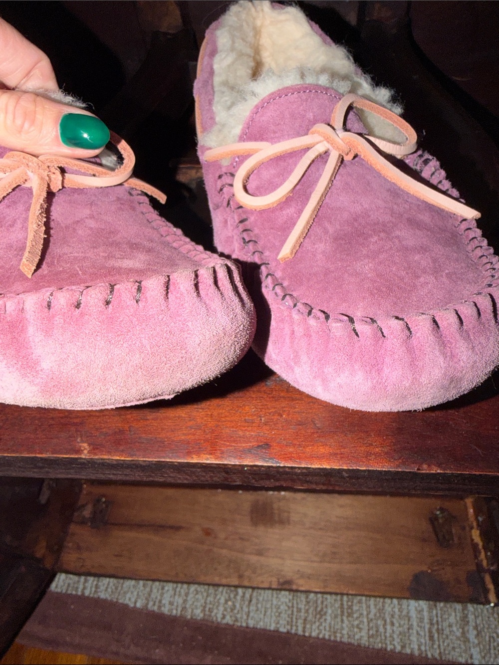 UGG Women's Pink Suede Shearling-Lined Moccasin Slippers - Picture 4 of 5